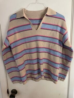 Women’s Beige, Blue and Pink Striped Pullover Sweater VNeck with Collar Small